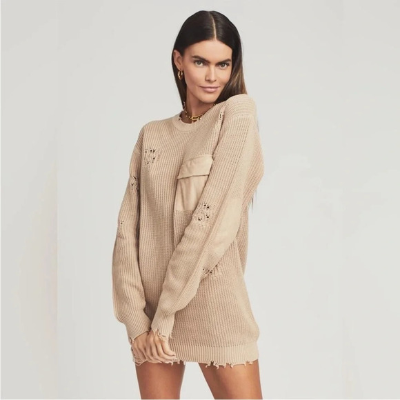 SER.O.YA Devin 100% Cotton Distressed sweater dress tan S - Picture 3 of 11